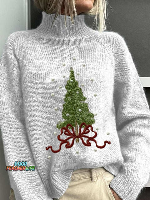 Embroidery  Christmas Tree Art Print Knit Turtleneck Pullover Sweater
