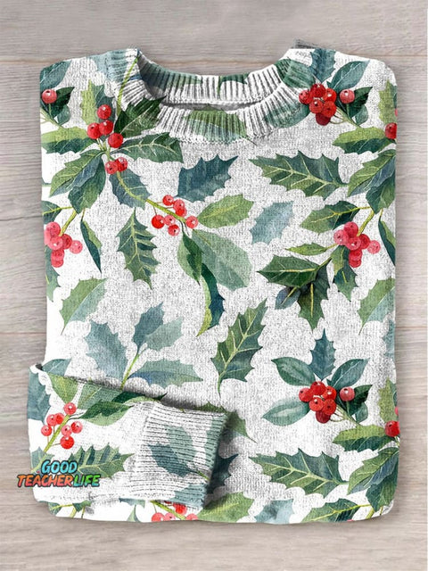 Christmas Holly leaf Christmas tree Print Knit Pullover Sweater