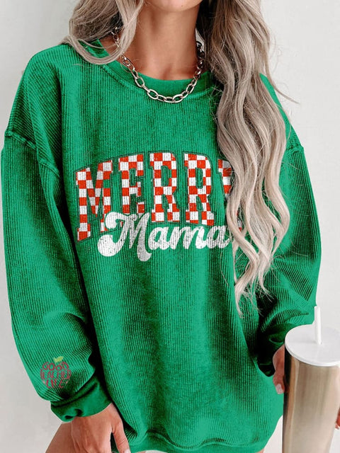 Women's Retro Checkered Christmas Mama Casual Print Corduroy Sweatshirt