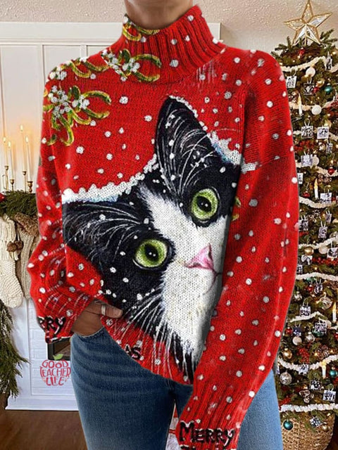 Cute Cat Christmas  Print Knit Turtleneck Pullover Sweater