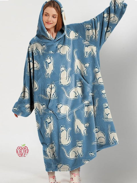 Oversize Funny Cat Art Print Winter Casual Warm Cosy Fleece Hooded Blanket