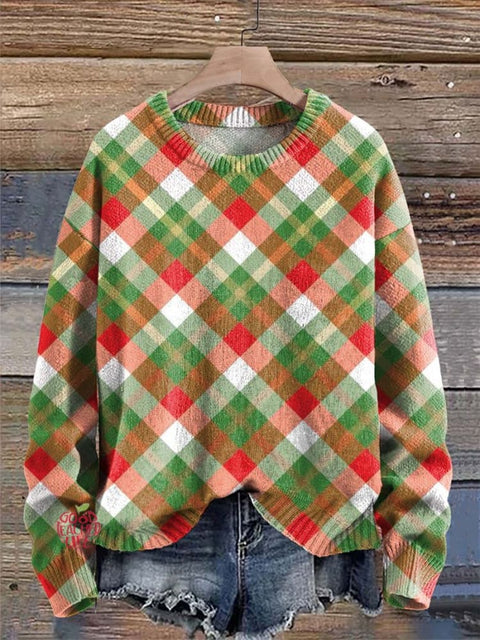 Merry Christmas check Fresh and natural Print Knit Pullover Sweater