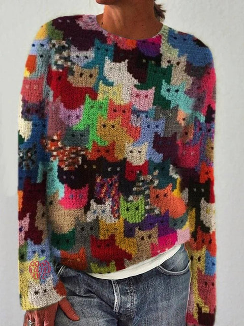 Colorful Cats Print Knit Pullover Sweater