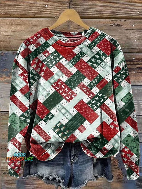 Christmas Color Block Gift Stick Art Print Casual Sweatshirt