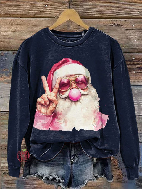 Retro Santa Christmas Blowing Bubble Casual Print Sweatshirt