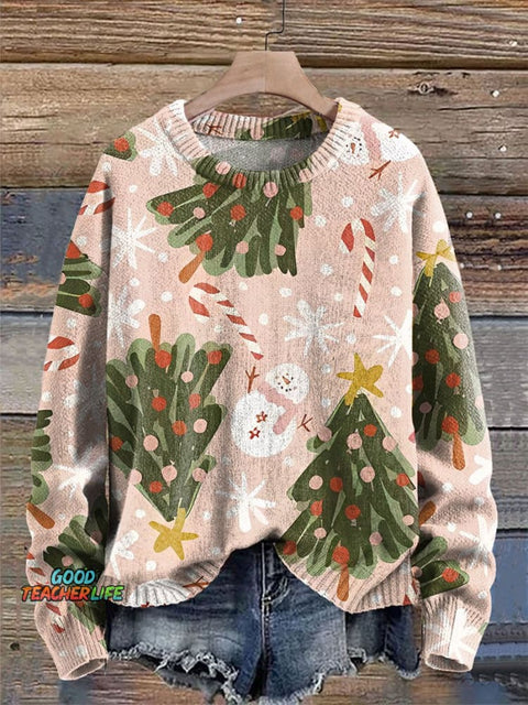 Christmas Snowman Candy cane Christmas tree Print Knit Pullover Sweater