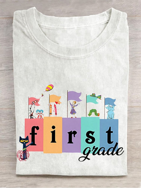 First Grade Pete The Cat Teacher Casual Print T-shirt