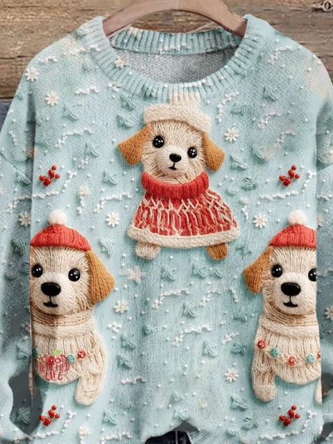 Retro Christmas Gift Dog Art Print Knit Pullover Sweater