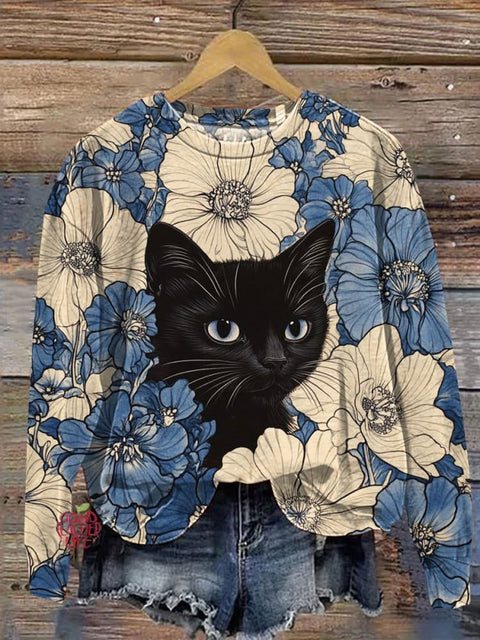 Black Cat In The Flowers Art Print Casual Sweatshirt