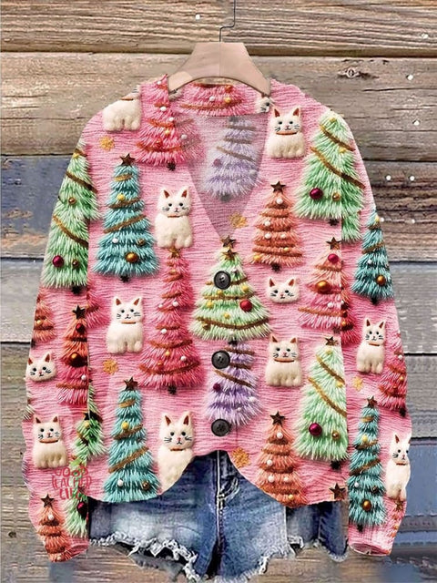 Christmas Tree Cute Cat 3D Print Buttoned V-neck Cardigan Sweater