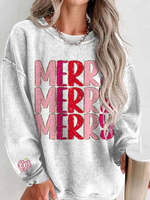 Christmas Merry Glitter Women's  Casual Print Corduroy Sweatshirt