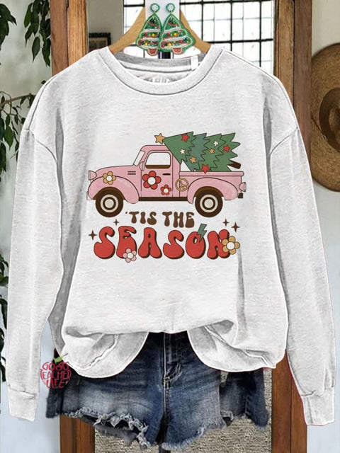 Pink Car Christmas Tree Print Casual Sweatshirt