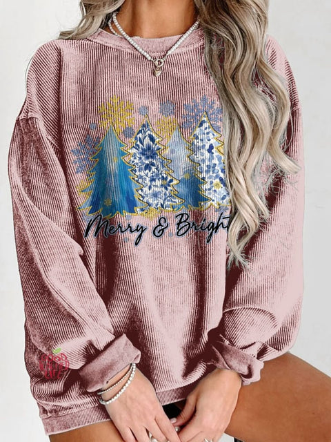 Women's Christmas Blue Floral Coquette Christmas Tree Merry & Bright Casual Print Sweatshirt