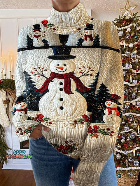 Christmas Snowman Print Knit Turtleneck Pullover Sweater