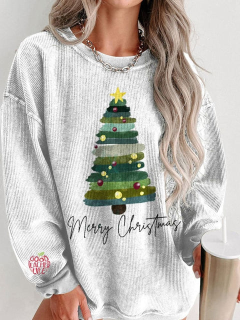 Women's Merry Christmas Brush Stroke Tree Casual Print Sweatshirt