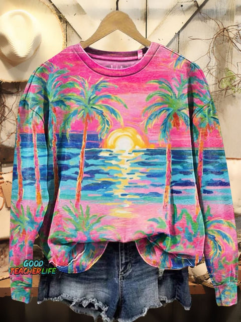 Hawaiian Style Seaside Sunset Beach Coconut Tree Art Print Casual Sweatshirt
