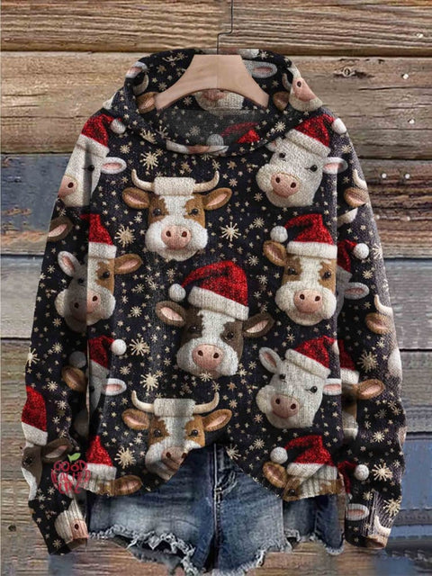 Christmas Cow Print Casual Knitted Hoodie Sweater