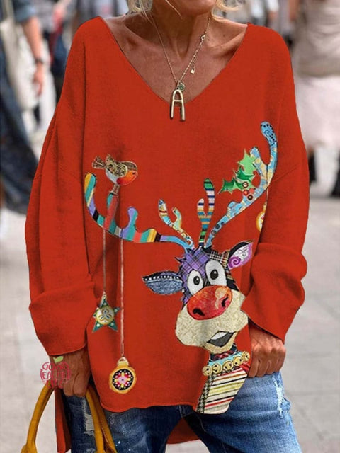 Women's Lovely Christmas Reindeer Art Print Casual Sweatshirt