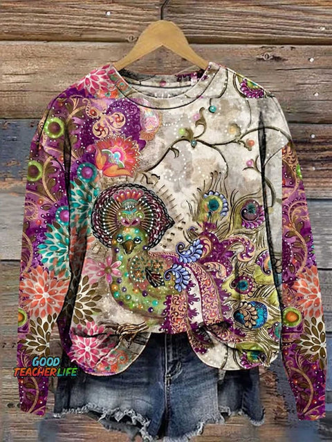 Retro Ethnic Floral Pattern Casual Sweatshirt