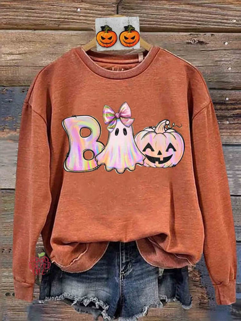 Retro Iridescent Ghost Pumpkin Pink Ghost Halloween Print Sweatshirt