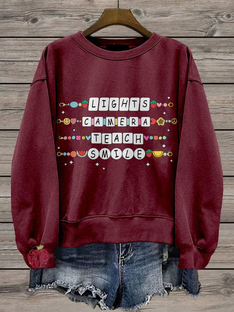 Lights Camera Teach Teacher Groovy Friendship Bracelet Casual Print Sweatshirt