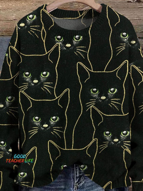 Funny Cats Art Pattern Print Casual Knit Pullover Sweater
