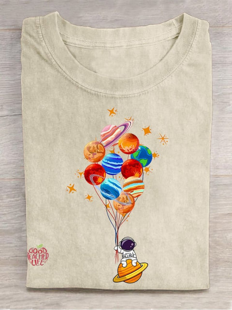 Space Balloon Astronaut Space Teacher Casual Print T-shirt