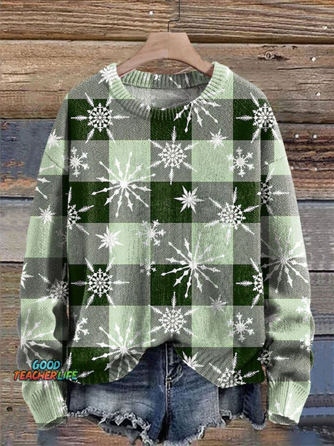 Christmas green check snowflake Print Knit Pullover Sweater