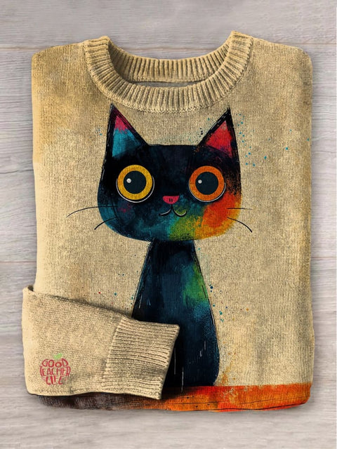 Cute Cat Art Print Knit Pullover Sweater