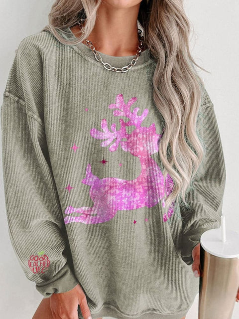 Women's Pink Girls Christmas Casual Print Corduroy Sweatshirt