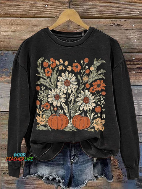 Leopard Pink Pumpkin Boho Floral Fall Casual Print Sweatshirt