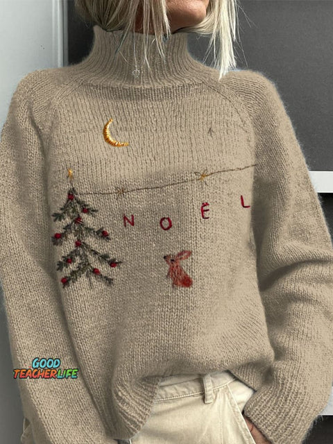 Embroidery  Christmas Art Print Knit Turtleneck Pullover Sweater