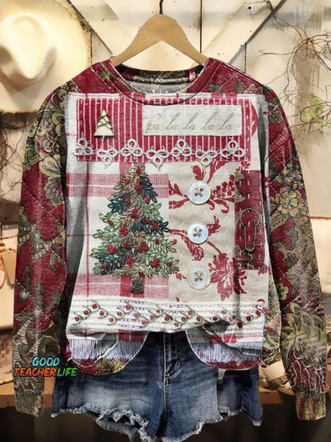 Christmas Tree Patchwork Art Print Casual Sweatshirt