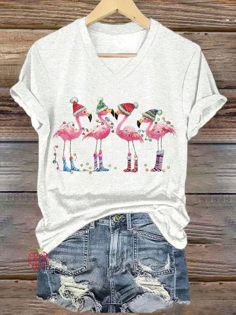 Women's Lovely Christmas Flamingo Art Print V-neck Casual T-Shirt