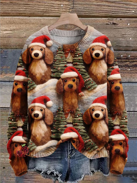 Retro Christmas Gift Dog Art Print Knit Pullover Sweater