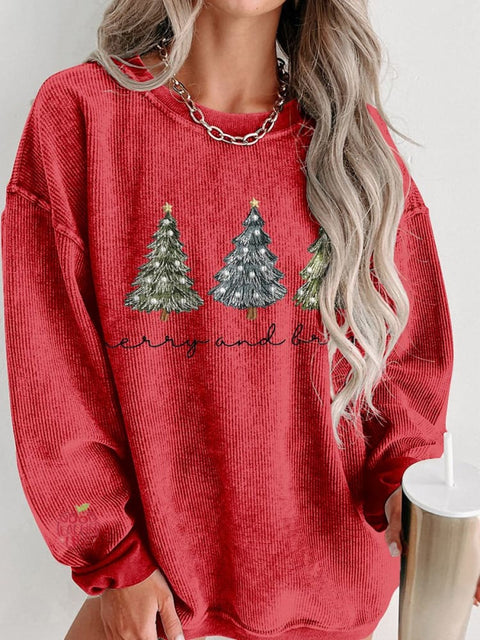 Women's Casual Christmas Tree Print Corduroy Sweatshirt