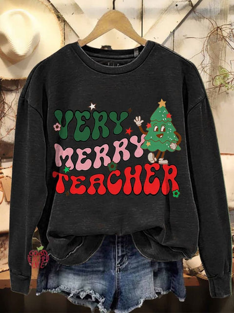 Merry Christmas Very Merry Teacher Casual Print Sweatshirt