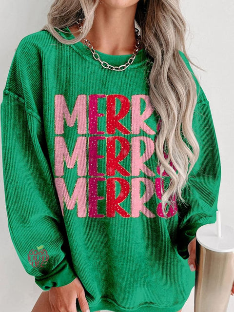 Christmas Merry Glitter Women's  Casual Print Corduroy Sweatshirt