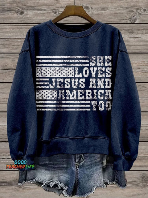 Retro USA She Loves Jesus And America Too Casual Print Sweatshirt