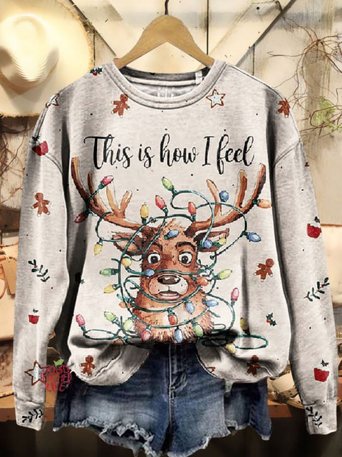 Christmas Elk Art Print Casual Sweatshirt