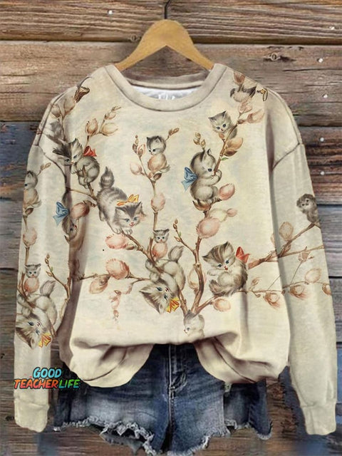 Cute Cats Christmas Trees Print Casual  Sweatshirt