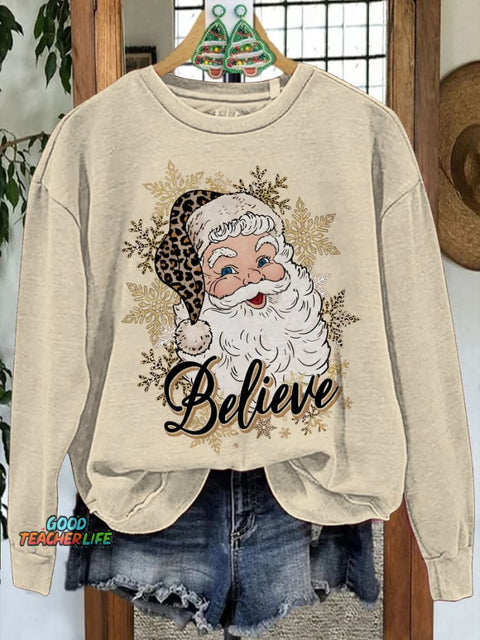 Santa Gold Snowflake Print Casual Sweatshirt