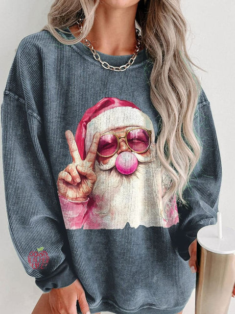 Women's Retro Santa Christmas Blowing Bubble Christmas Casual Print Shirt