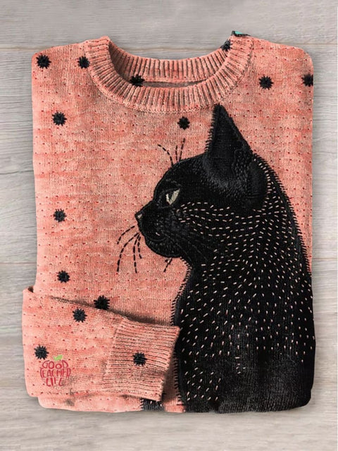 Black Cat 3D Art Print Knit Pullover Sweater