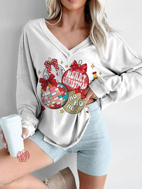 Women's Retro Christmas Ornaments Print Long Sleeve V-neck Comfortable Cotton Shirt