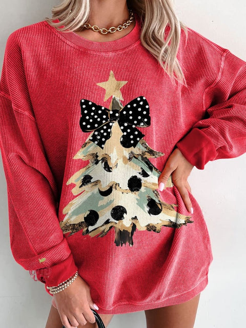 Women's Camo Coquette Bow Christmas Tree Casual Print Corduroy Sweatshirt