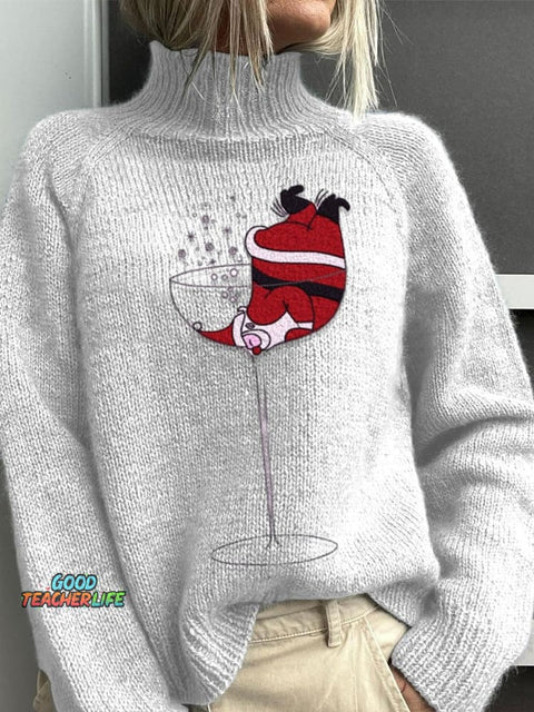 Embroidery   Red Wine Glass Santa  Christmas Art Print Knit Turtleneck Pullover Sweater