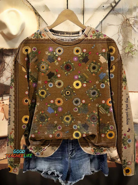 Retro Hippie Flower Pattern Casual Sweatshirt