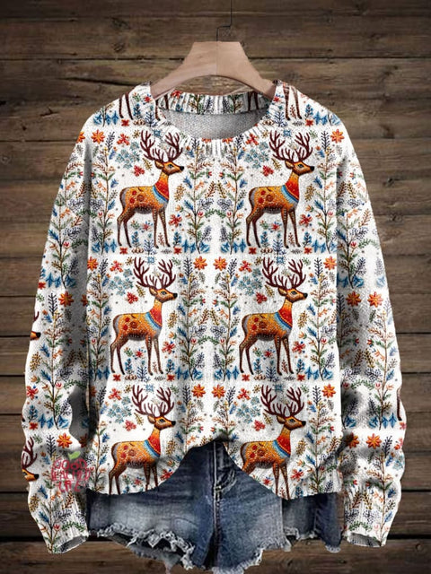 Christmas Embroidery Reindeer Art Print Knit Pullover Sweater