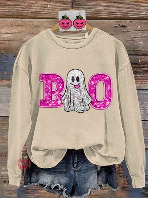 Retro Glitter Halloween Boo Print Sweatshirt